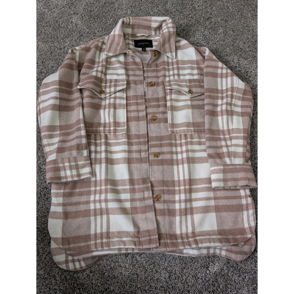 Banana Republic Tan Cream Plaid Shacket Petite Small Button Front Shirt Jacket